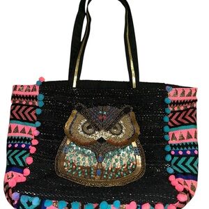 America & Beyond NWOT Black and Pink Owl Beaded Zipper Tote